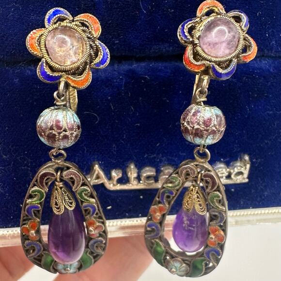 Antique Chinese silver gold plated amethyst cloisonné enamel screw back earrings - Picture 2 of 10